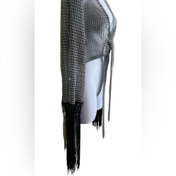ALEXANDRA KATSAITI Women Open Weave Coverup With Fringe Silver Black Size Small - Picture 5 of 11